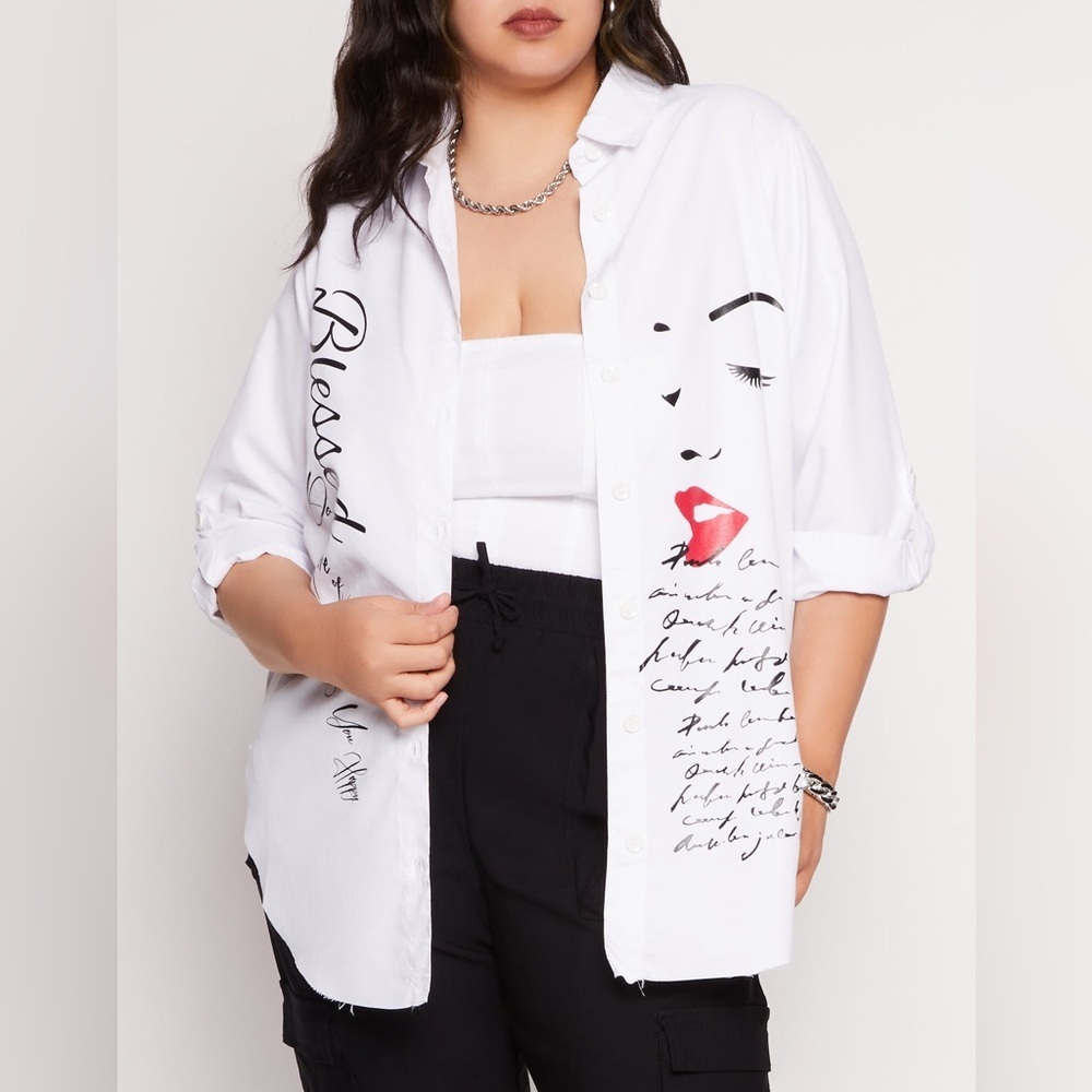 White Graphic Button-Down Shirt